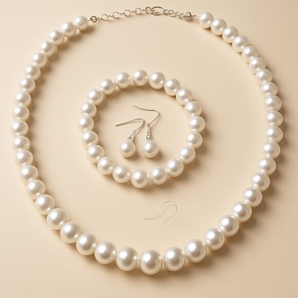 Elegant White Pearl Jewelry Set necklace 18”, bracelet and necklace fashion - Picture 2 of 5